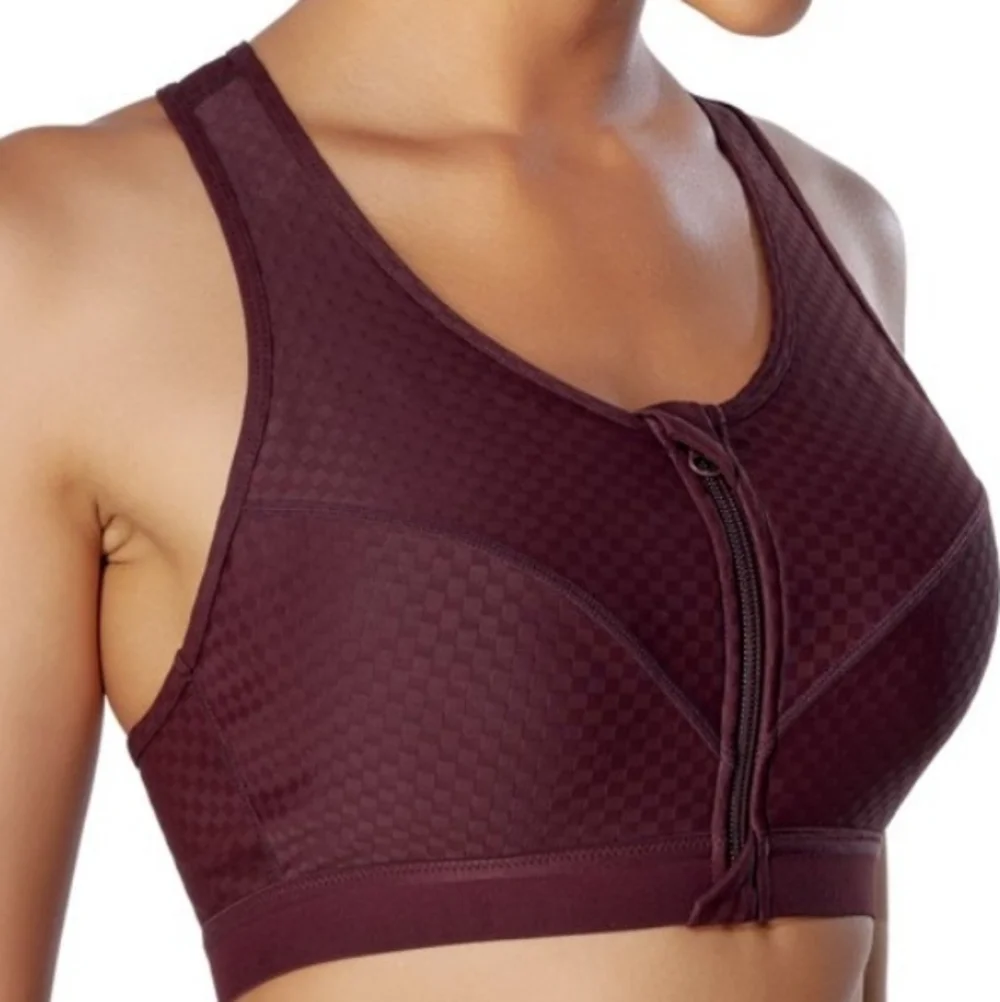 Junlan Women Zip Front High Impact Sports Bra in Maroon Size M